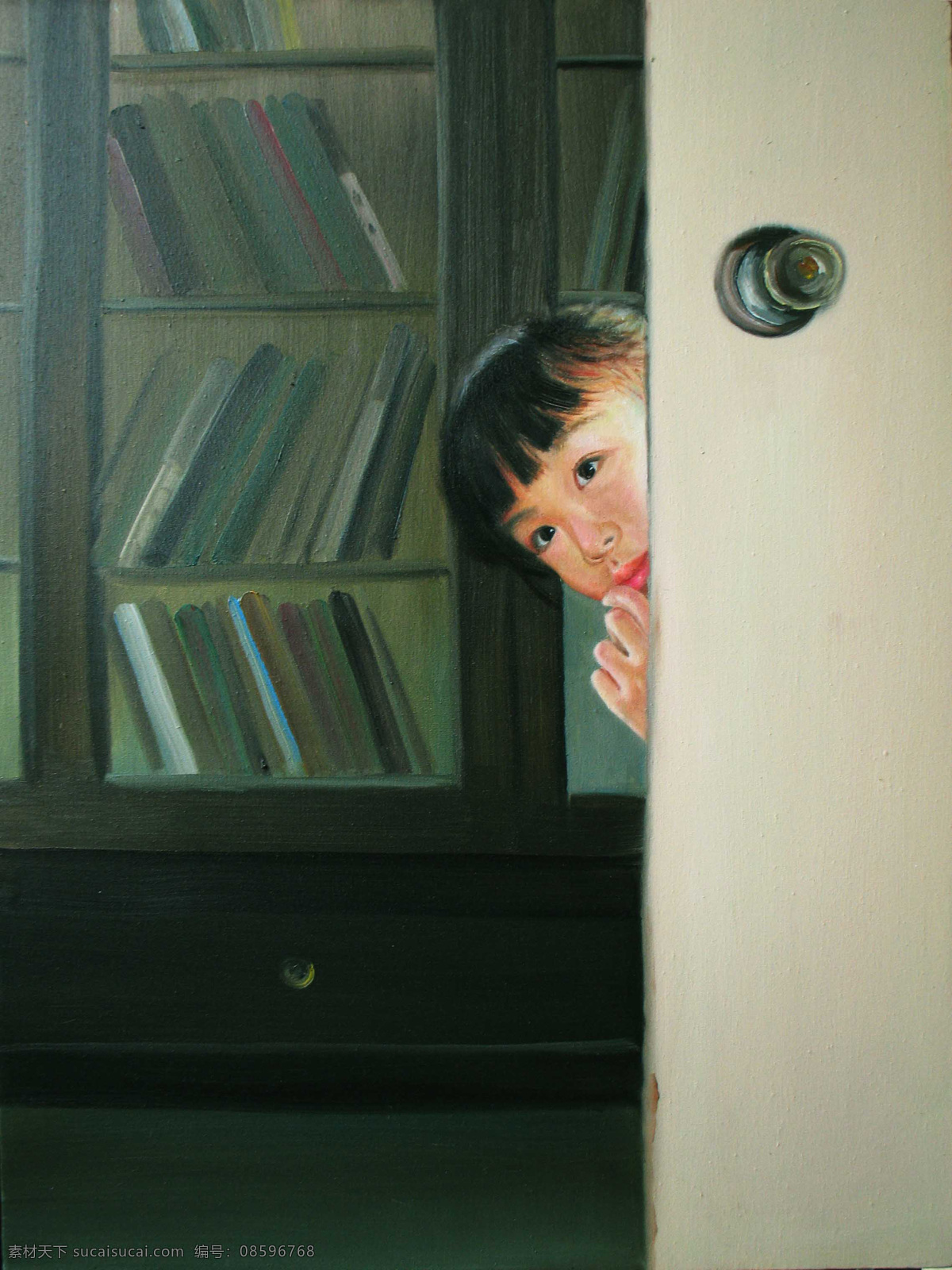 人物 油画 儿童油画 绘画书法 人物油画 书柜 文化艺术 著名 肖像 伸出头的女孩 家居装饰素材