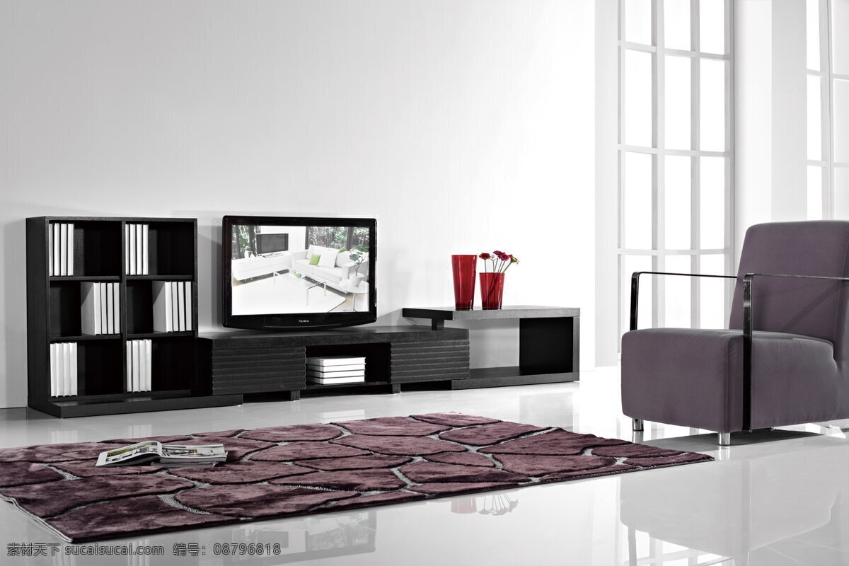 电视柜 地毯 电视柜背景 单个沙发 家居装饰素材 室内设计