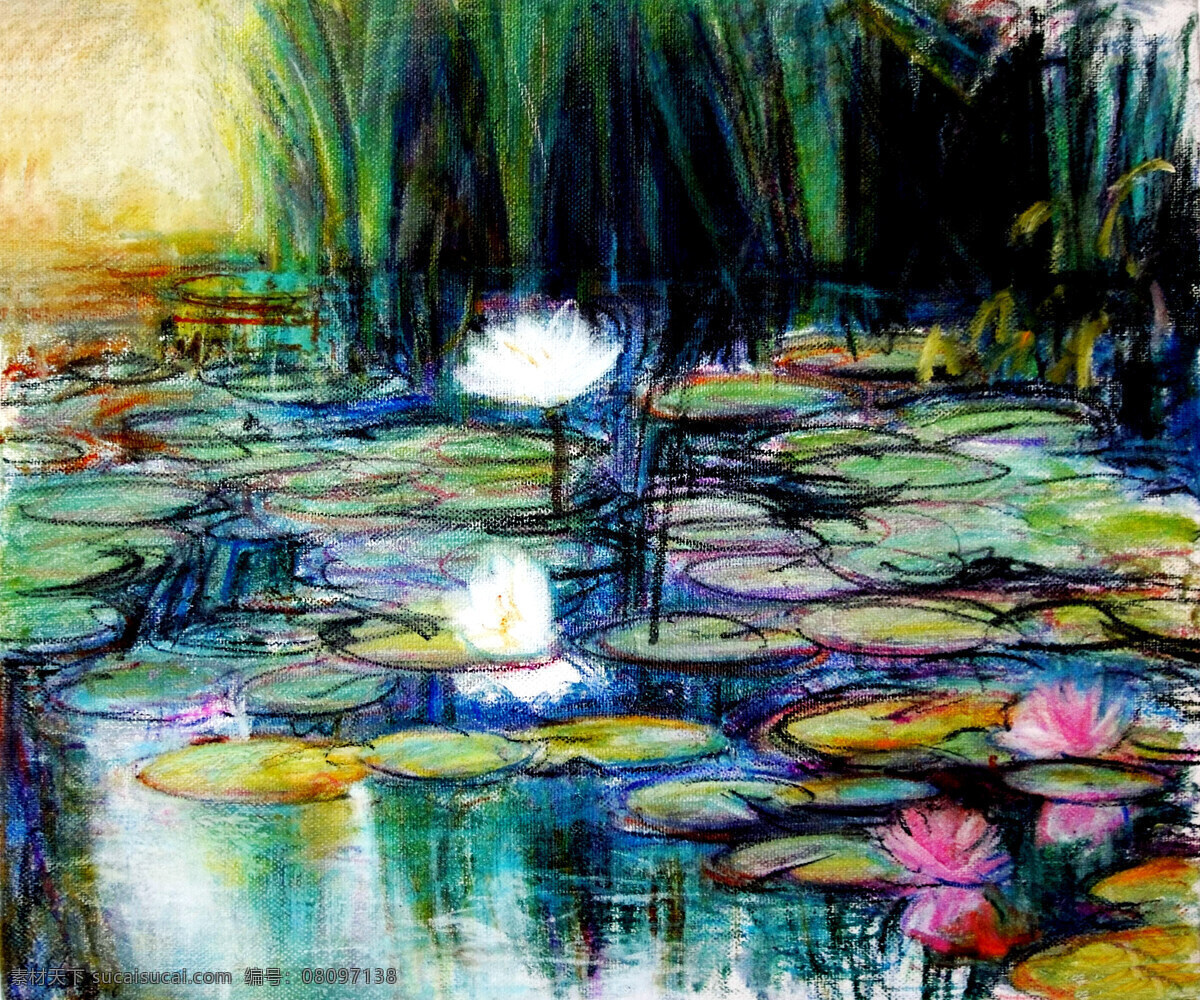 花卉 绘画 绘画书法 莲花 莲叶 美术 水草 睡莲 油画 现代油画 莲塘 油画艺术 油画作品5 文化艺术 装饰素材