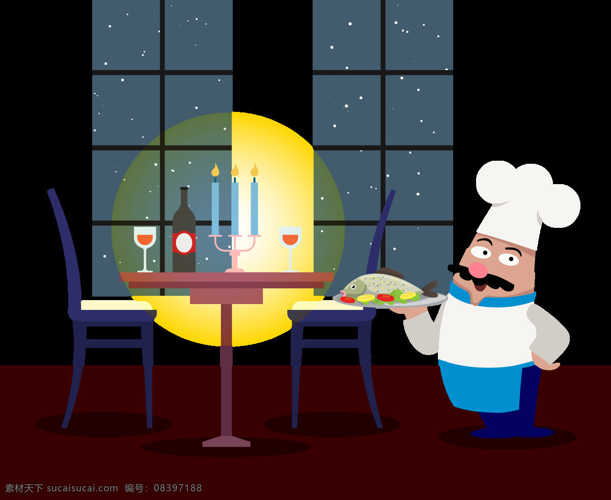 手绘 卡通 厨师 餐厅 元素 月亮 夜空