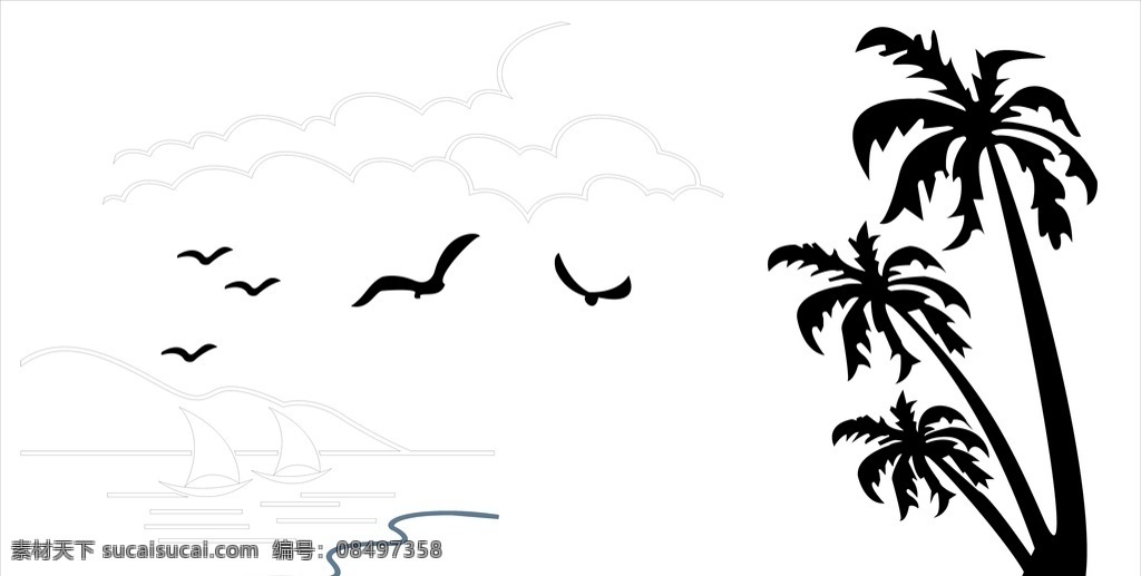 椰子树 帆船 海鸥 云 大海 硅藻泥墙画