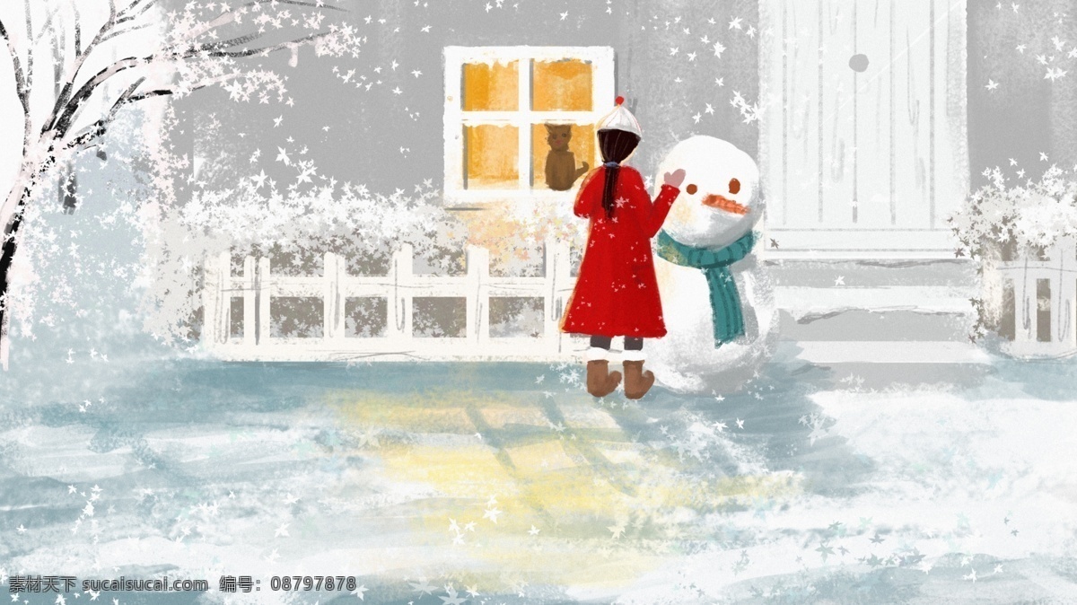 冬季 堆 雪人 治愈 原创 插画 红色 清新 壁纸 冬天 立冬 治愈系 白色 大雪 小雪 霜降 堆雪人 白茫茫 淡雅 冬至 冷 雪景 暖心 系列 配图