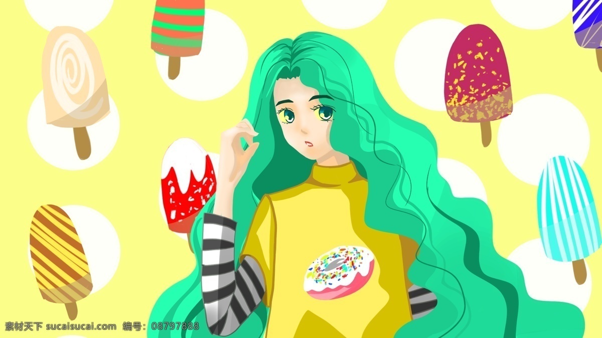 原创 手绘 插画 雪糕 甜品 女孩 冰淇淋 少女 壁纸 夏天 甜甜圈 长发 背景