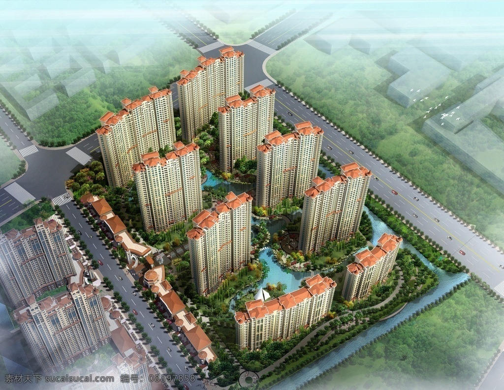 高档小区鸟瞰 总平图 高档小区 高档住宅 小区图纸 正面图 会所 楼层效果图 图集 景观设计 环境设计