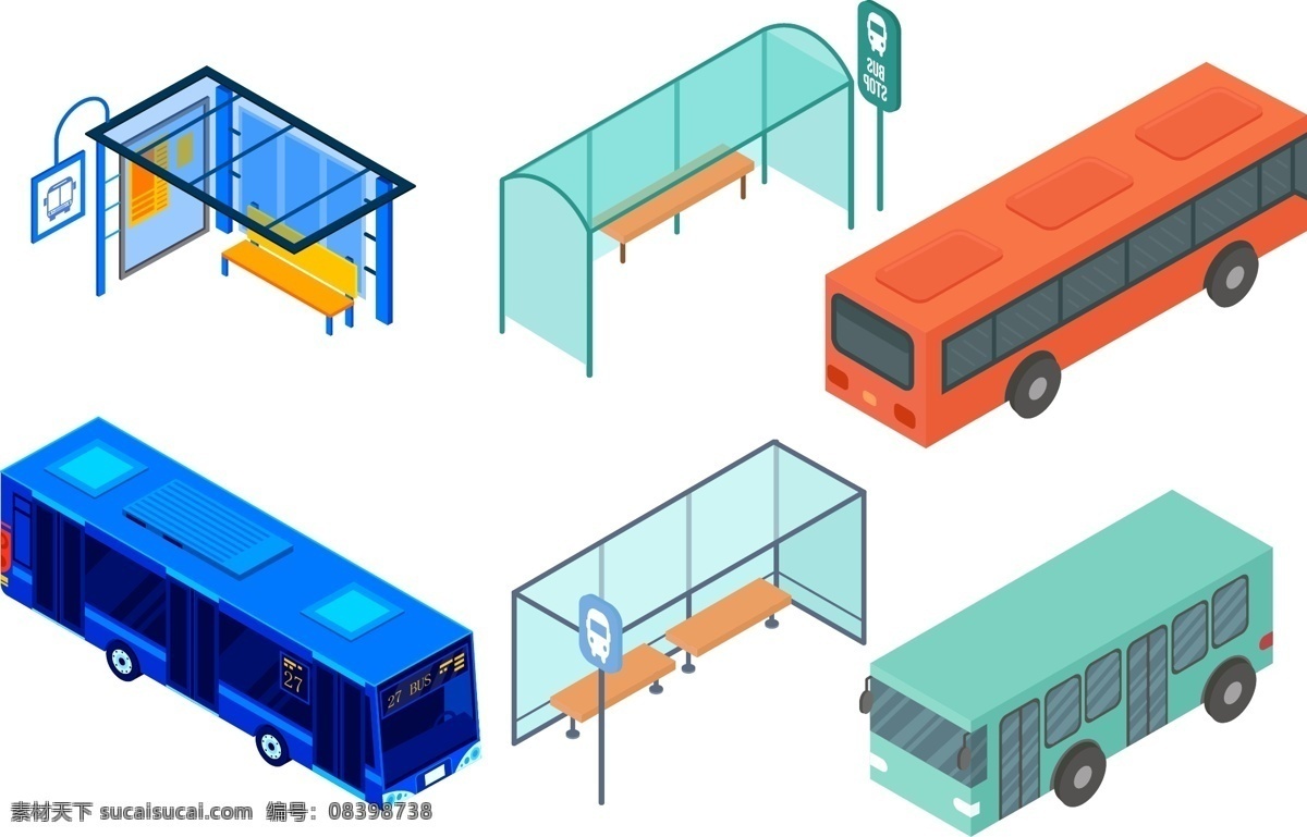 立体 公交 站台 彩色 卡通 公交车 矢量素材 公交站台 候车亭 凳子