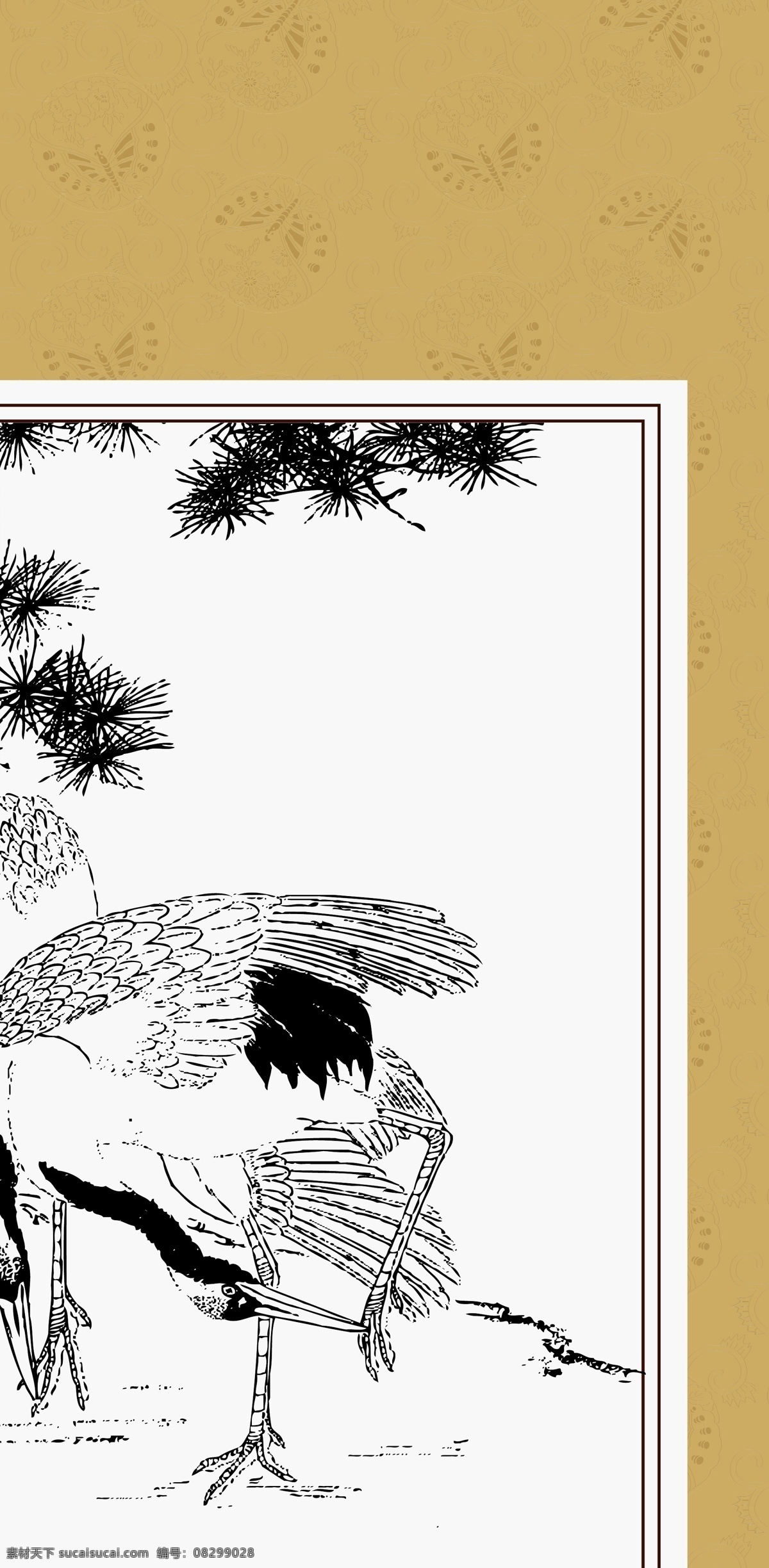 松鹤延年 线描 白描 绘画 工笔 国画 丹顶鹤 传统纹样 民间故事 传统文化 文化艺术 矢量