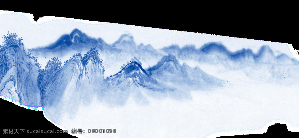 蓝色 山水画 透明 装饰 png素材 薄雾 层山 大气 简约 免扣素材