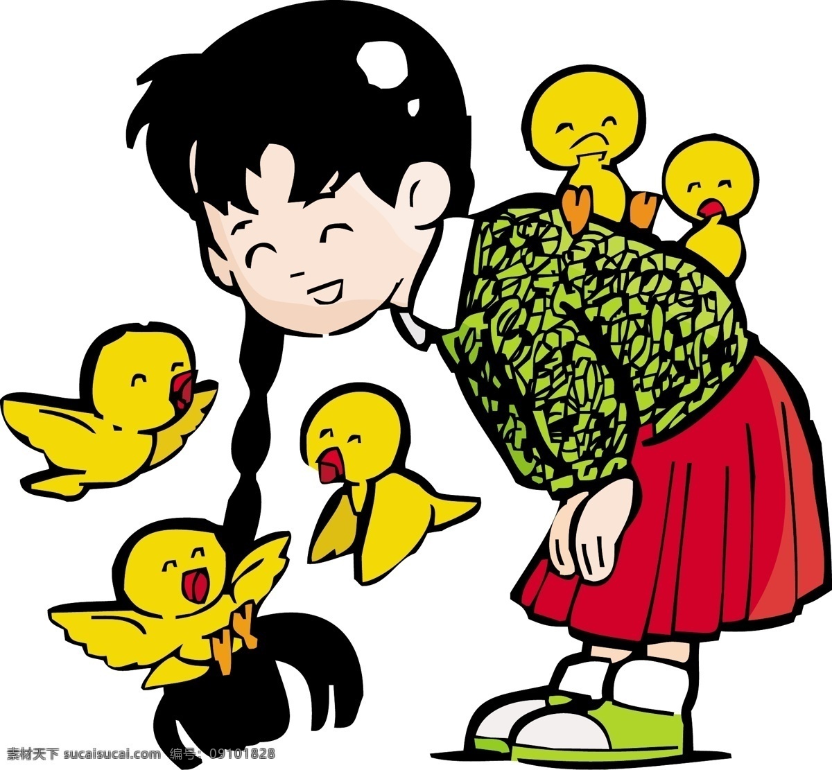 小鸡 玩耍 小女孩 插画 卡通 矢量
