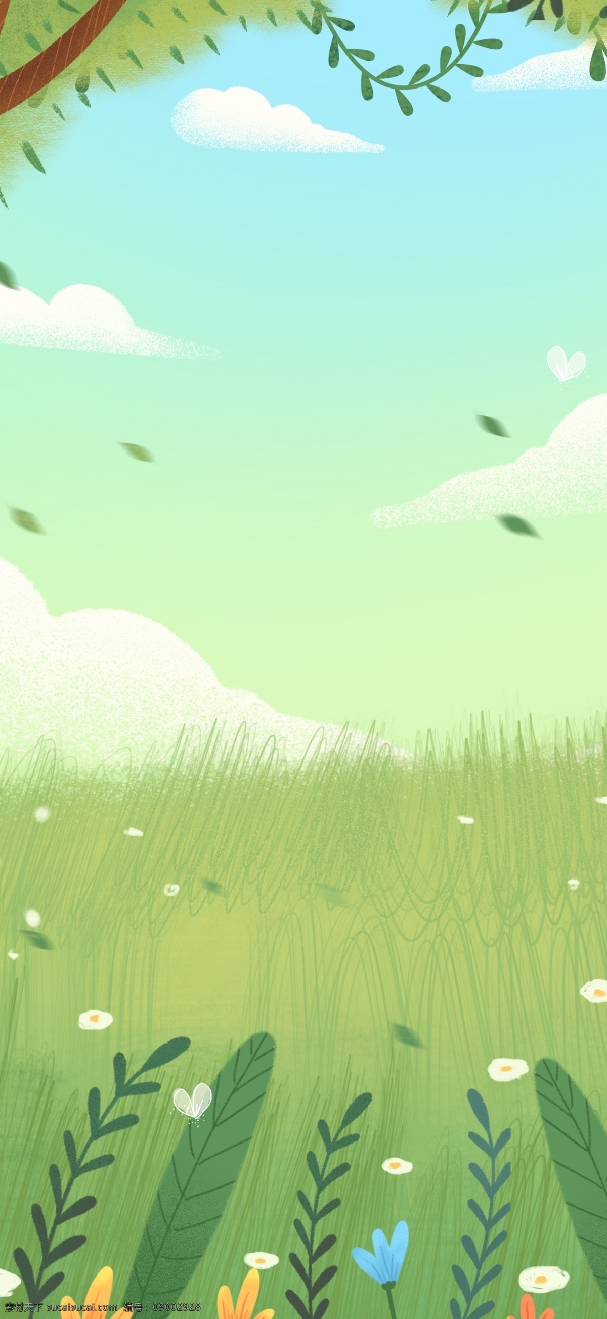 手绘 简约 春天 景色 插画 背景 景色插画背景 手绘背景 森系背景 树林背景 树叶背景 绿色背景 治愈系背景
