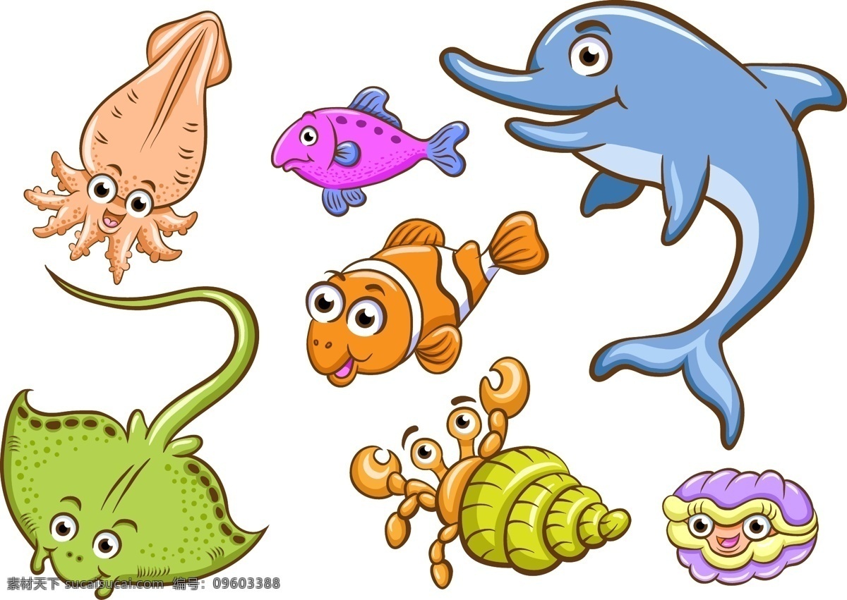 卡通海洋生物 卡通 可爱 章鱼 海豚 海洋生物