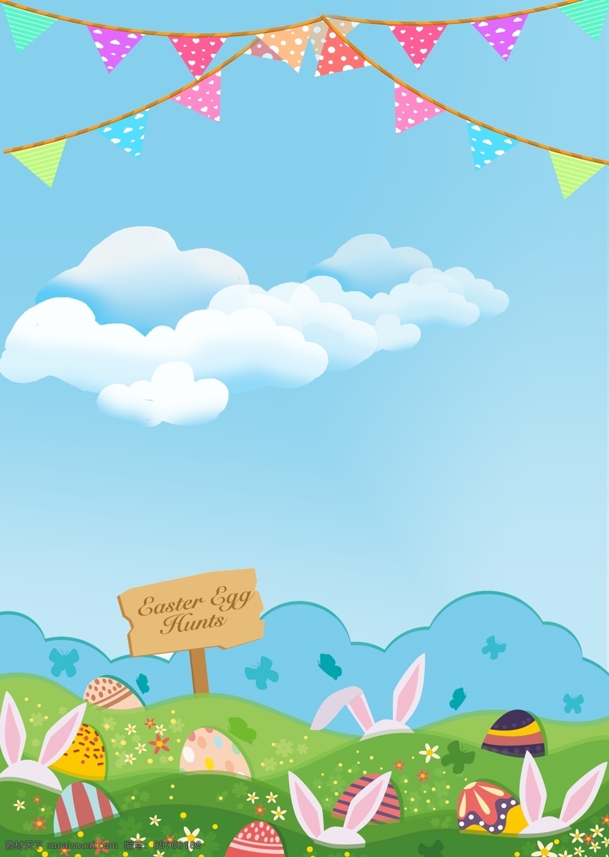 复活节 插画 海报 背景 兔子 鸡蛋 白色 蓝色 蓝天 白云 旗子 开心 喜悦 节日 西方文化