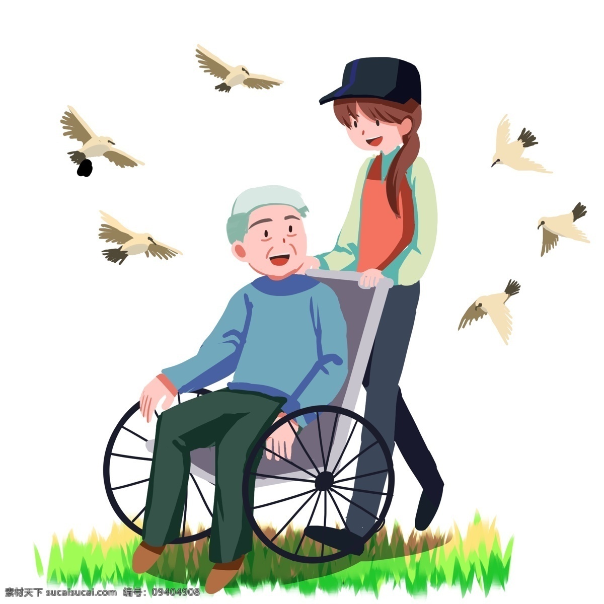 志愿者 女孩 卡通 人物 老爷爷 长发 鸽子 卡通人物 手绘图 小草 矢量图 轮椅 轮子 老人 红色 衣服 白发