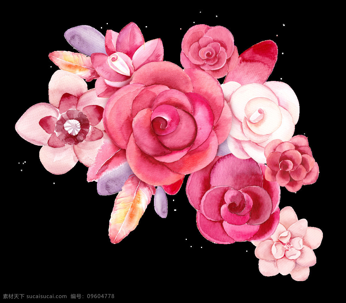 手绘 粉红色 玫瑰花 透明 桃红色 浅粉色 树叶 花束 透明素材 免扣素材 装饰图片