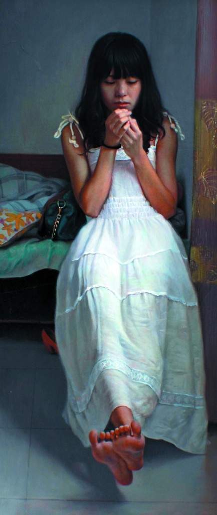 白裙子 美术 油画 女人 女子 姑娘 床铺 绘画书法 文化艺术