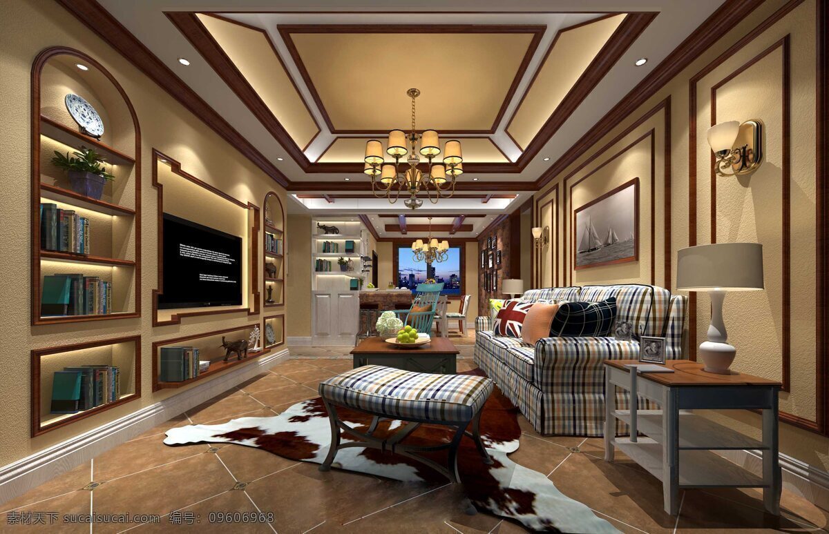 欧式 轻 奢 客厅 素色 条纹 沙发 室内装修 效果图 瓷砖地板 客厅装修 壁灯 吊灯