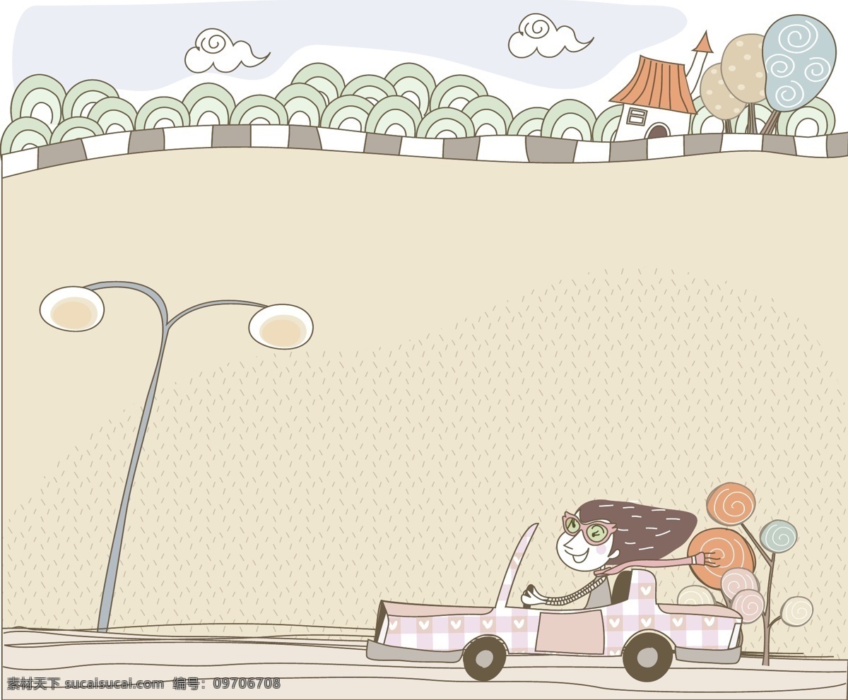 驾车 欢乐 场景 矢量 儿童漫画 开心女孩 矢量图 其他矢量图