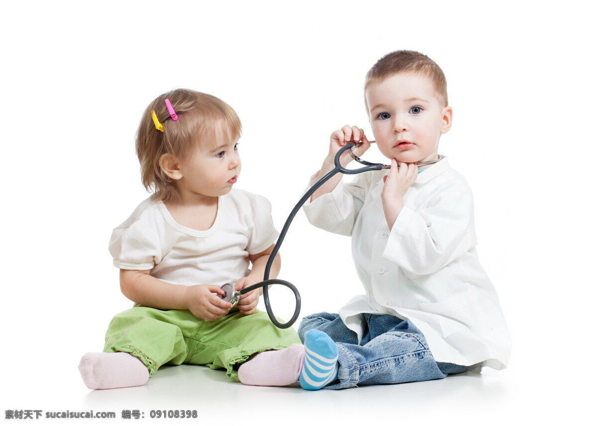 玩耍 婴儿 听诊器 男孩 女孩 儿童 医生 孩子 儿童图片 人物图片
