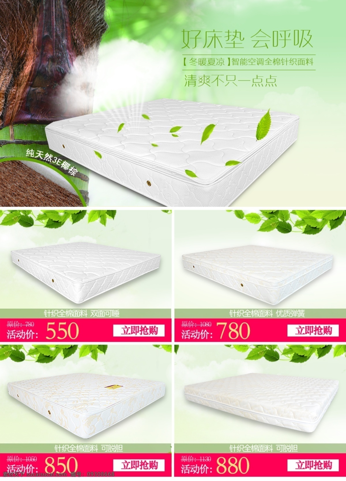 高清 床垫 绿色 背景 折扣 图 价格标签 立即抢购 绿色背景 树叶 椰棕 淘宝素材 其他淘宝素材
