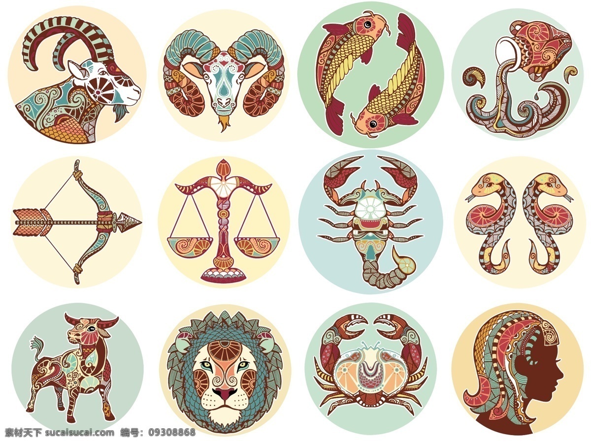 十二星座彩图 描绘 魔羯座 水瓶座 双鱼座 牡羊座 金牛座 双子座 巨蟹座 狮子座 处女座 天秤座 天蝎座 射手座