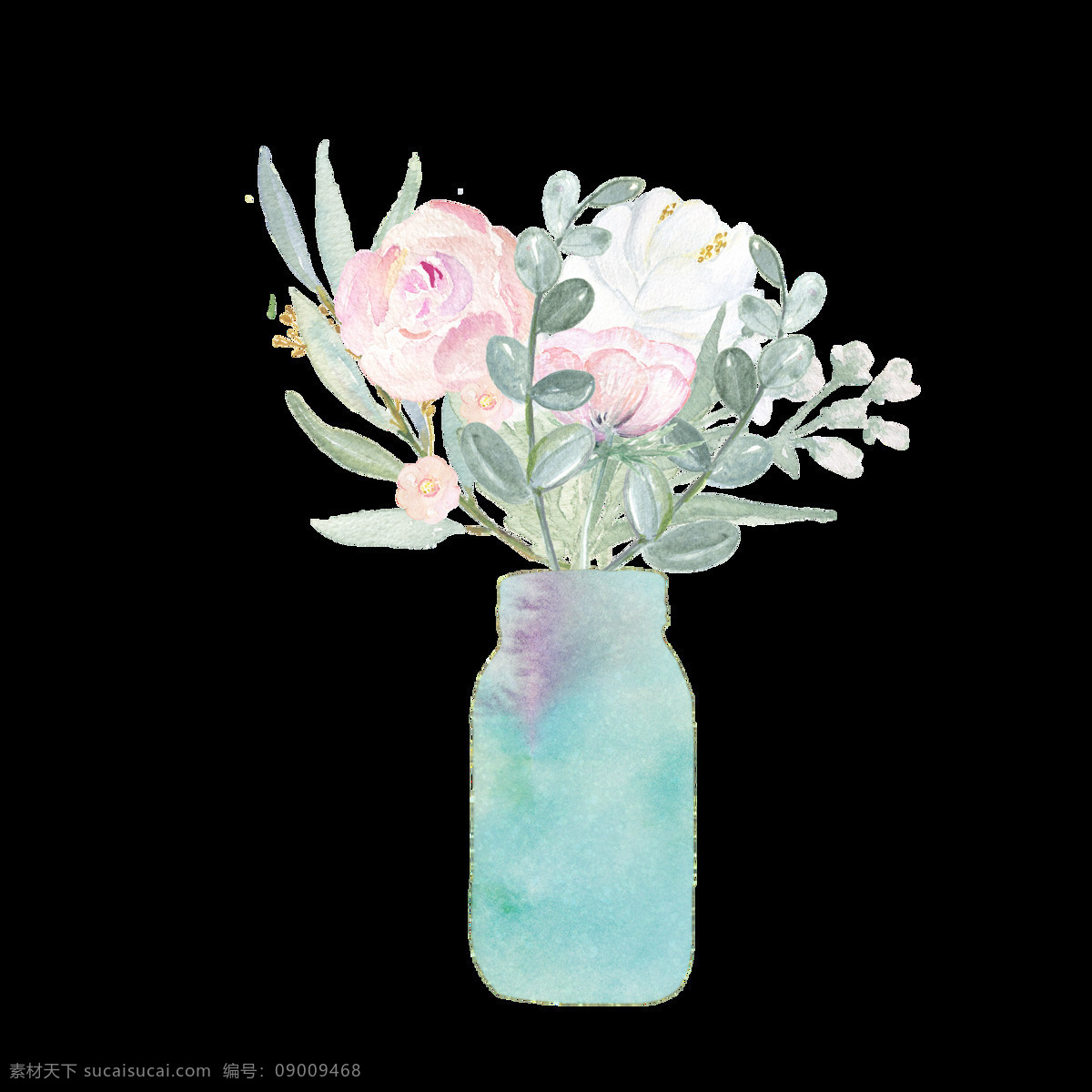 蓝绿 小 清新 花瓶 花束 花朵 粉色 绿叶 小清新 底纹边框 花边花纹
