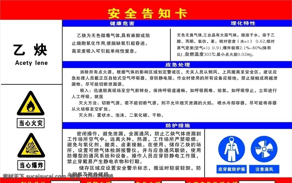 乙炔 安全 告知 牌 安全告知牌 当心火灾 当心爆炸 注意通风