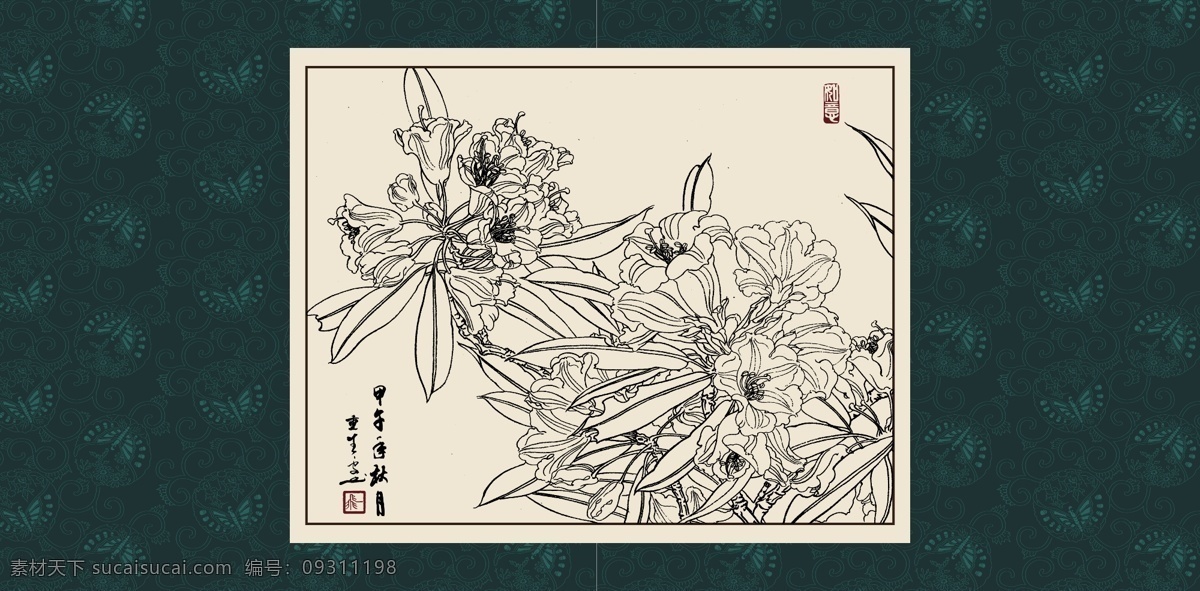 大叶杜鹃 绘画 白描 线描 手绘 国画 毛笔画 工笔 轮廓 印章 书法 装裱 植物 花卉 花草 花鸟 昆虫 白描花卉 文化艺术 绘画书法