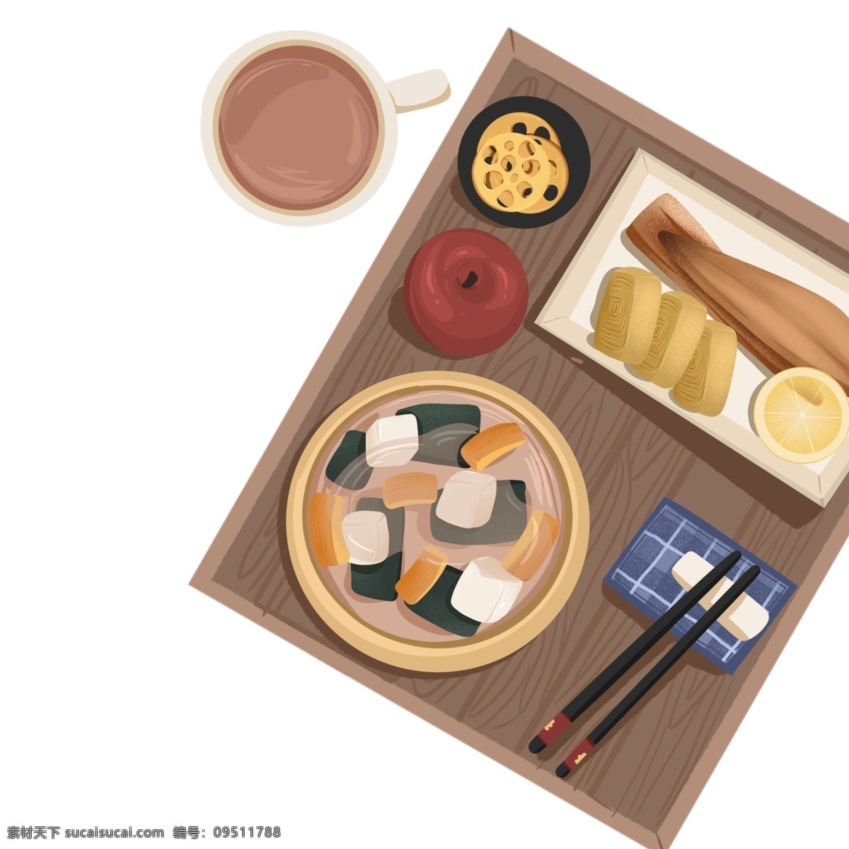 手绘 日本 美食 插画 元素 日本美食 炸鱼 寿司 俯视图