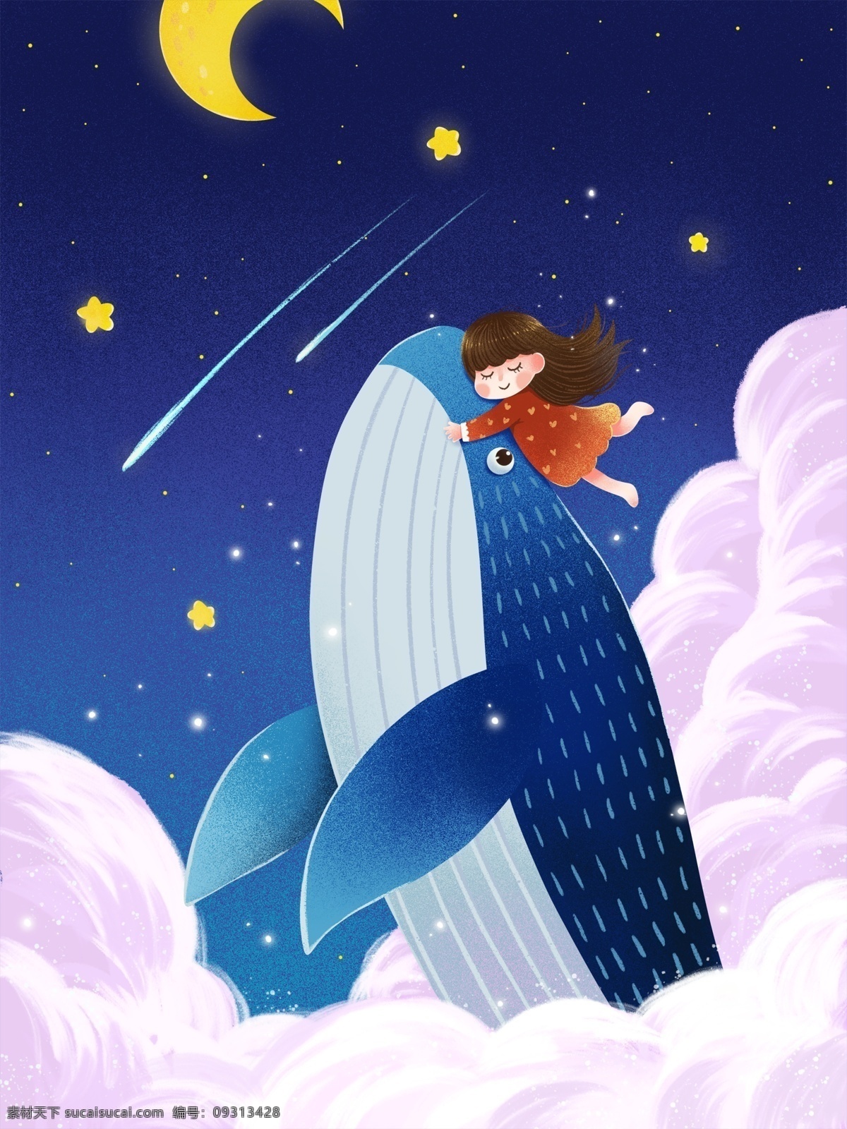 治愈 系 鲸鱼 女孩 唯美 噪 点 插画 星空 月亮 云 治愈系 鲸鱼与女孩 噪点插画 流星