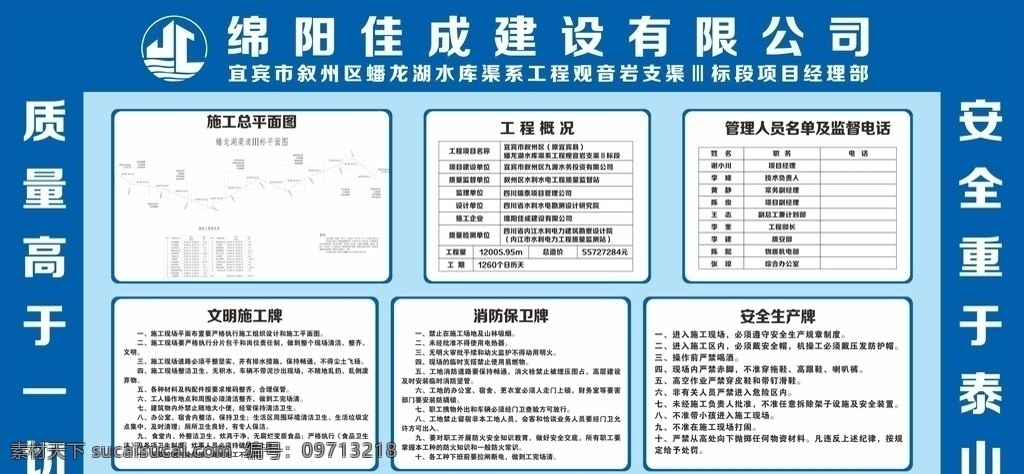 五牌一图 建筑集团 工程概况 文明施工牌 安全生产牌 消防保卫牌 工程施工 展板 蓝色背景 展板模板