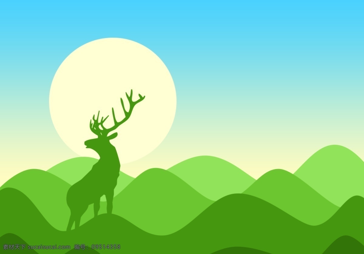 春天 早上 日出 山丘 上 麋鹿 扁平 插画 绿色