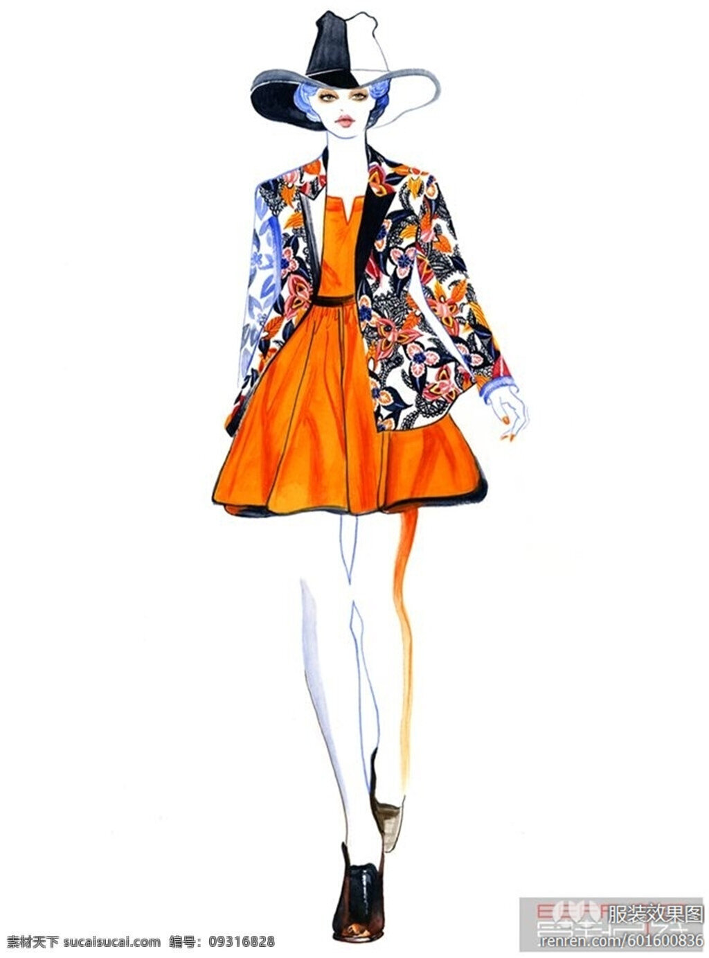 橙色 连衣裙 设计图 服装设计 时尚女装 职业女装 职业装 女装设计 效果图 短裙 衬衫 服装 服装效果图 花朵外套