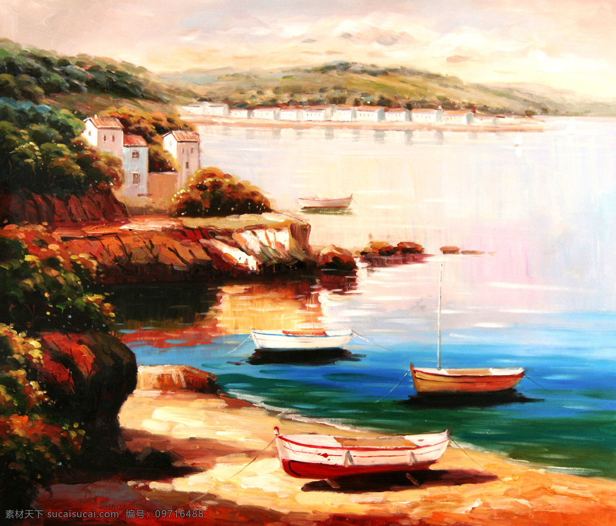 地中海 绘画书法 欧式 文化艺术 油画 装饰 船 景 设计素材 模板下载 船景油画 船景