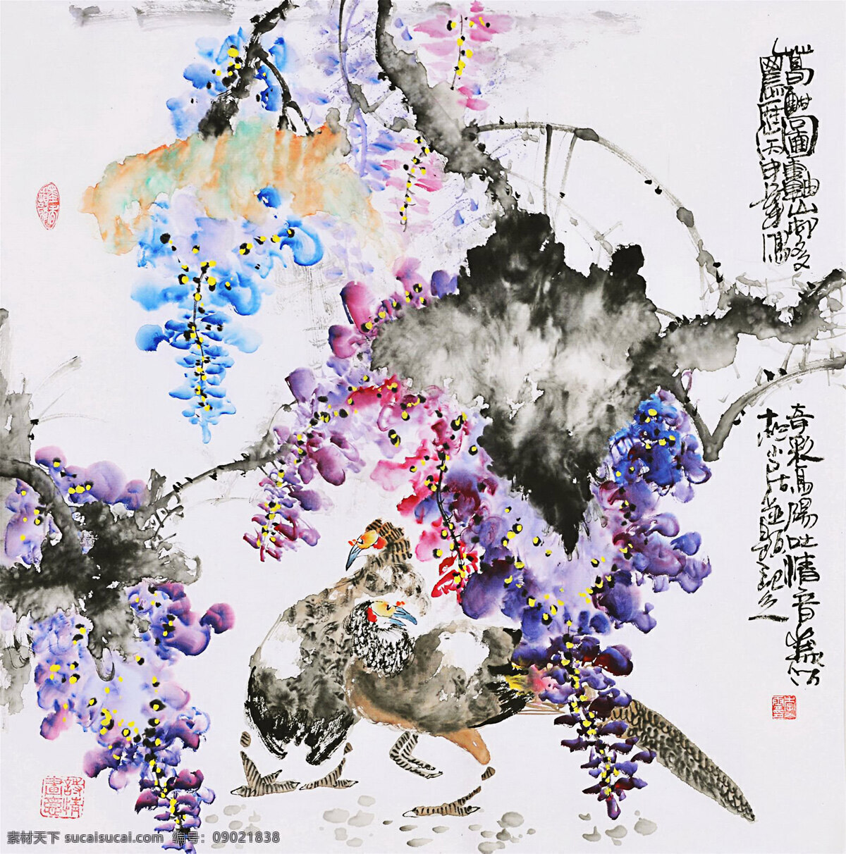 抽象紫藤花 抽象 水墨 紫藤花 花卉 鸟