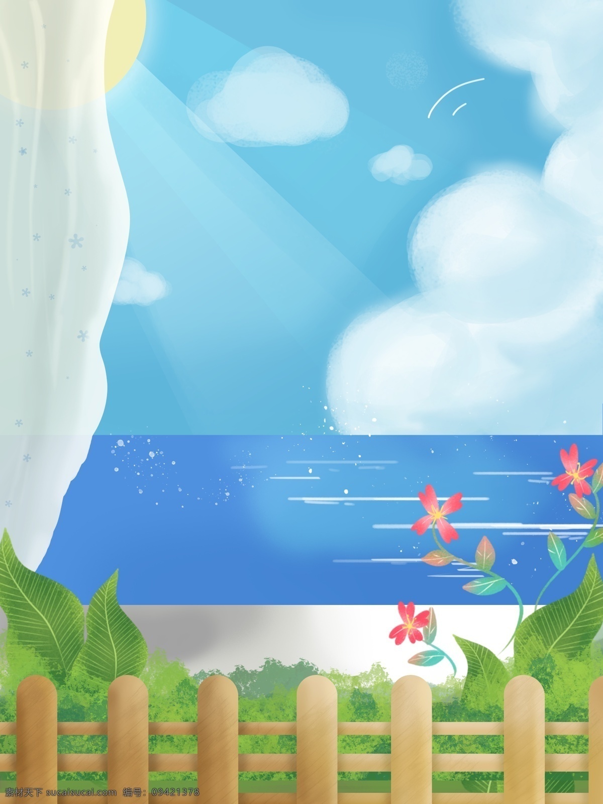 手绘 初夏 海滩 背景 夏天 夏季背景 大海 蓝色 花朵 栅栏 手绘背景 通用背景 psd背景 促销背景 背景展板图 背景图