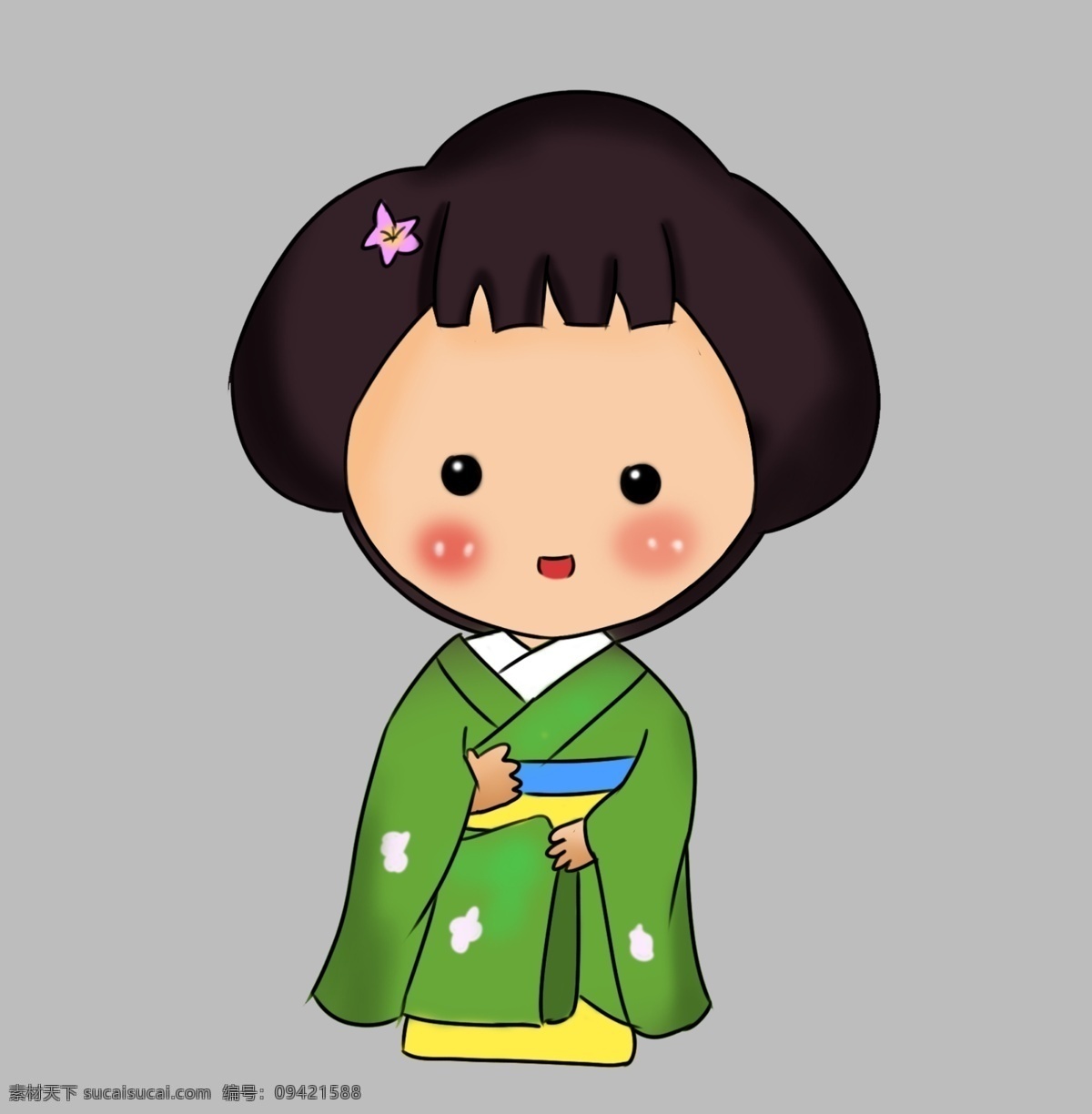 日本 女孩 装饰 插画 日本女孩 漂亮的小女孩 粉色的樱花 蓝色的和服 卡通人物 微笑的小女孩