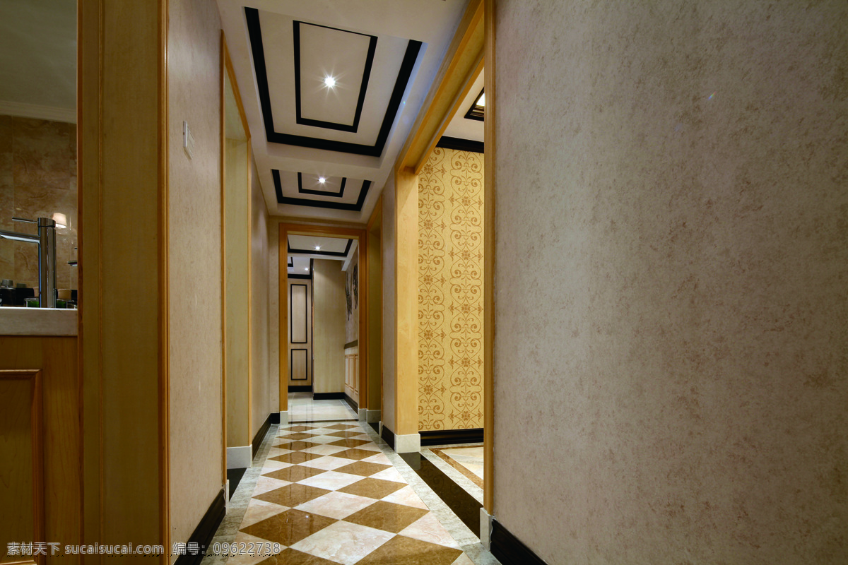欧式 走廊 条纹 方块 地板砖 装修 效果图 白色射灯 方形吊顶 过道 灰色墙壁 门框