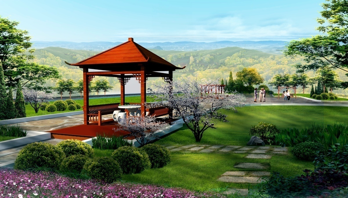 凉亭 3d 效果图 树木 花朵 园林 桃花 秋千 散步 人物 石凳 石桌 凉亭模型 风景图 建筑设计 建筑模型 凉亭设计 视野 环境设计