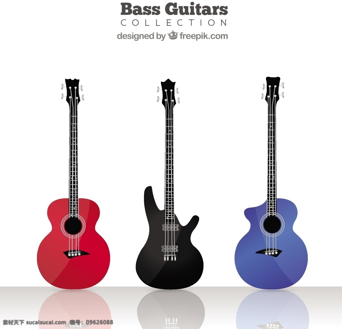 三个 漂亮 彩色 低音 吉他 漂亮的 低音吉他 矢量素材