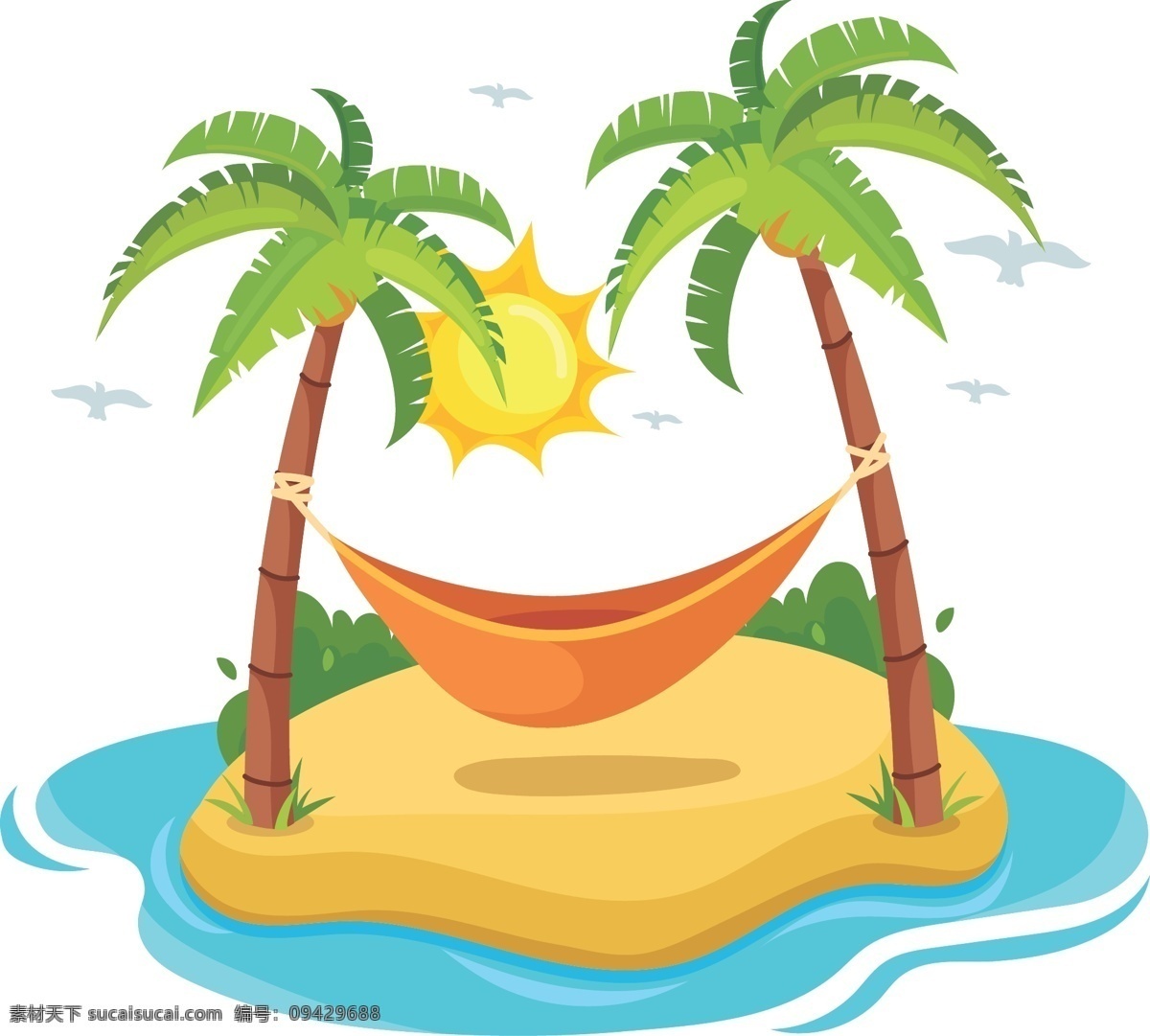 沙滩素材 沙滩 椰树 夏日 太阳 大海 海浪 仙人掌 绿叶 沙滩插画