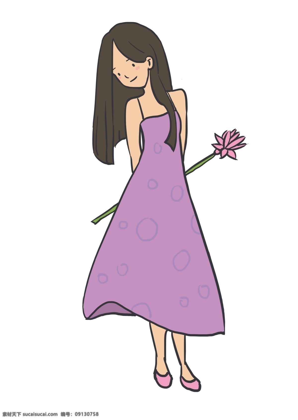 穿 紫色 裙子 花束 少女 夏季 可爱 卡通手绘