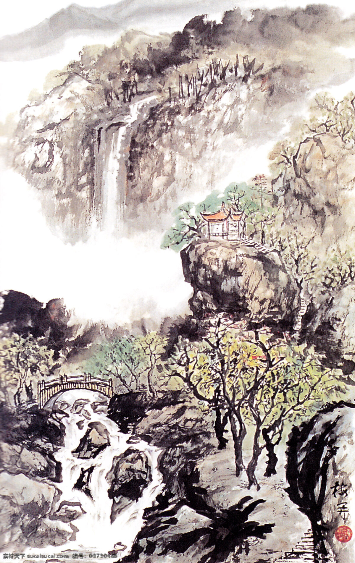 国画艺术 绘画 绘画书法 瀑布 山峰 山岭 山石 山水 山水图 中国画 水墨画 山水画 现代国画 溪流 树木 树林 云雾 亭子 小桥 书法 印章 国画集12 文化艺术 装饰素材 雕刻 图案