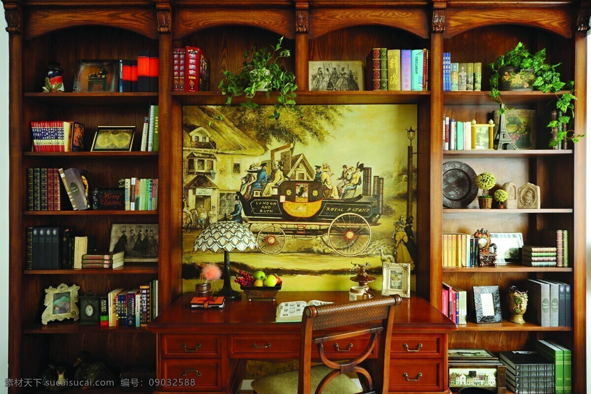 活泼 自然 书房 装修 效果图 创意摆件 木制书桌 室内设计 室内装修 书籍 相框摆件