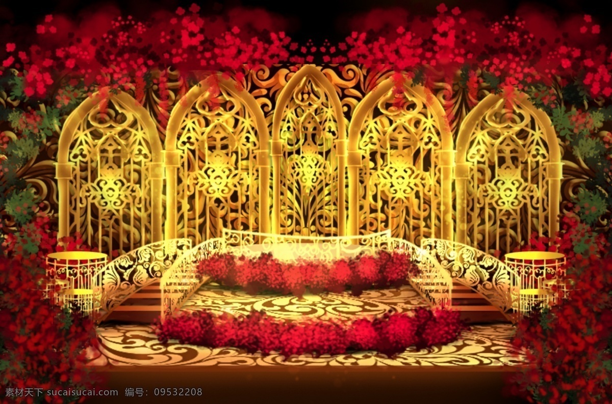 欧式 金 红色 拱门 婚礼 手绘 效果图 金红色 欧式拱门 婚礼效果图 syjpx