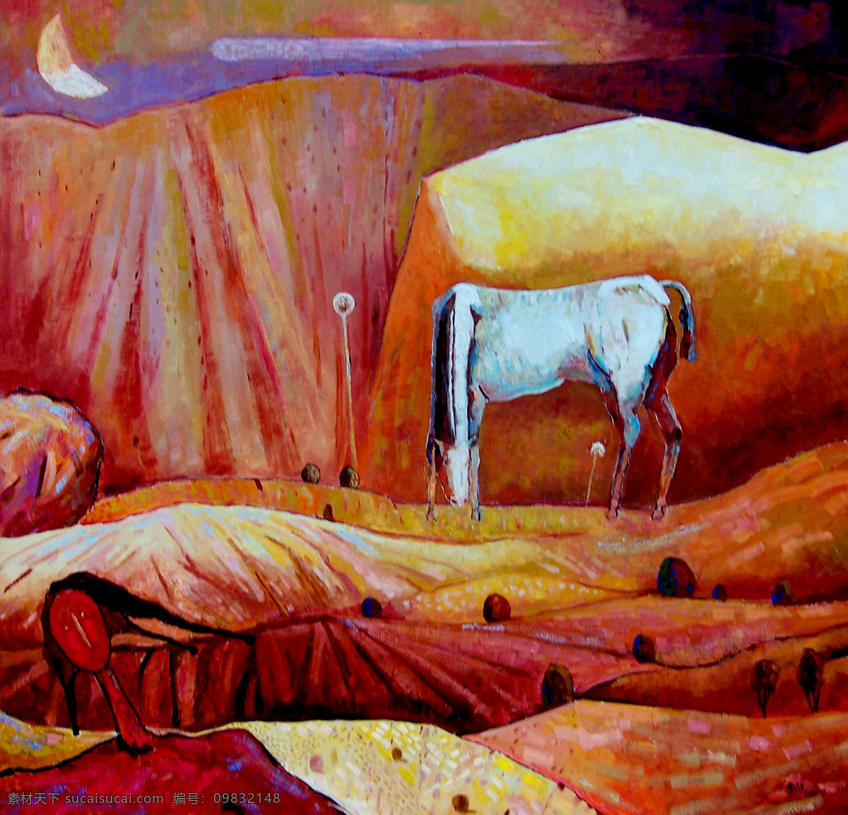 白马 风景画 绘画书法 美术 山地 山岭 文化艺术 不要 惊醒 大山 深 梦 油画 装饰画 月夜 油画艺术 油画作品35