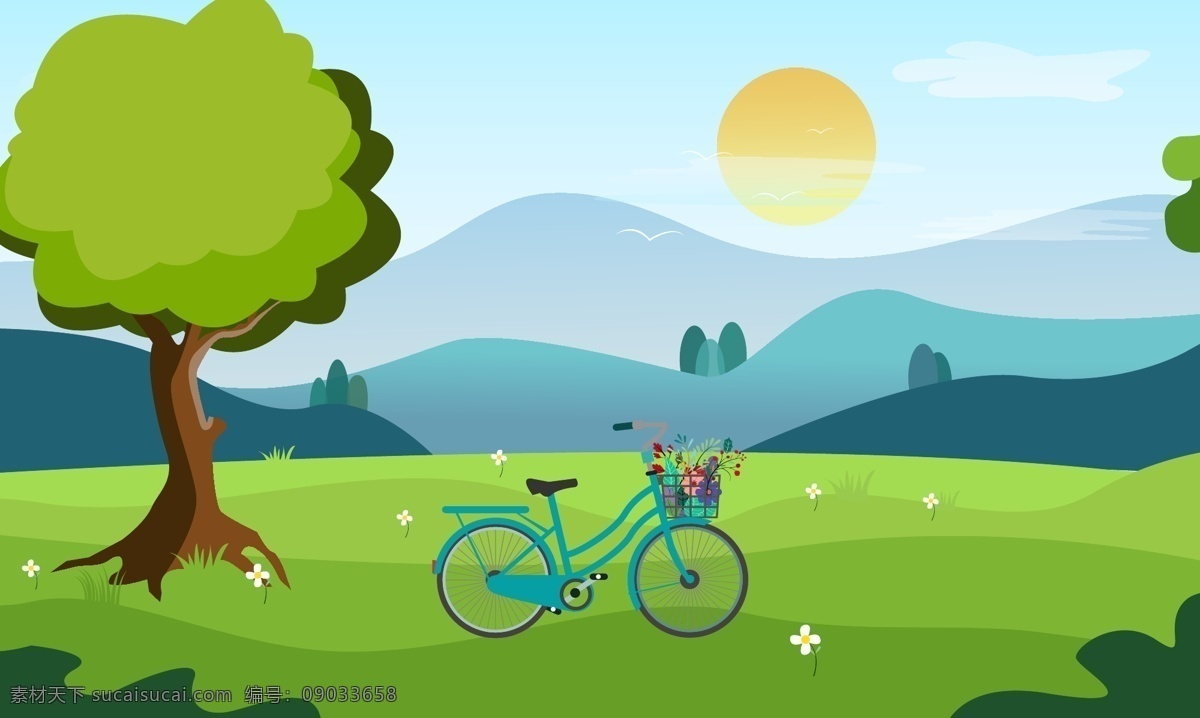 自行车 风景 插画 图 自然风光 风光 乡村 矢量图 背景插画 矢量 自然景观