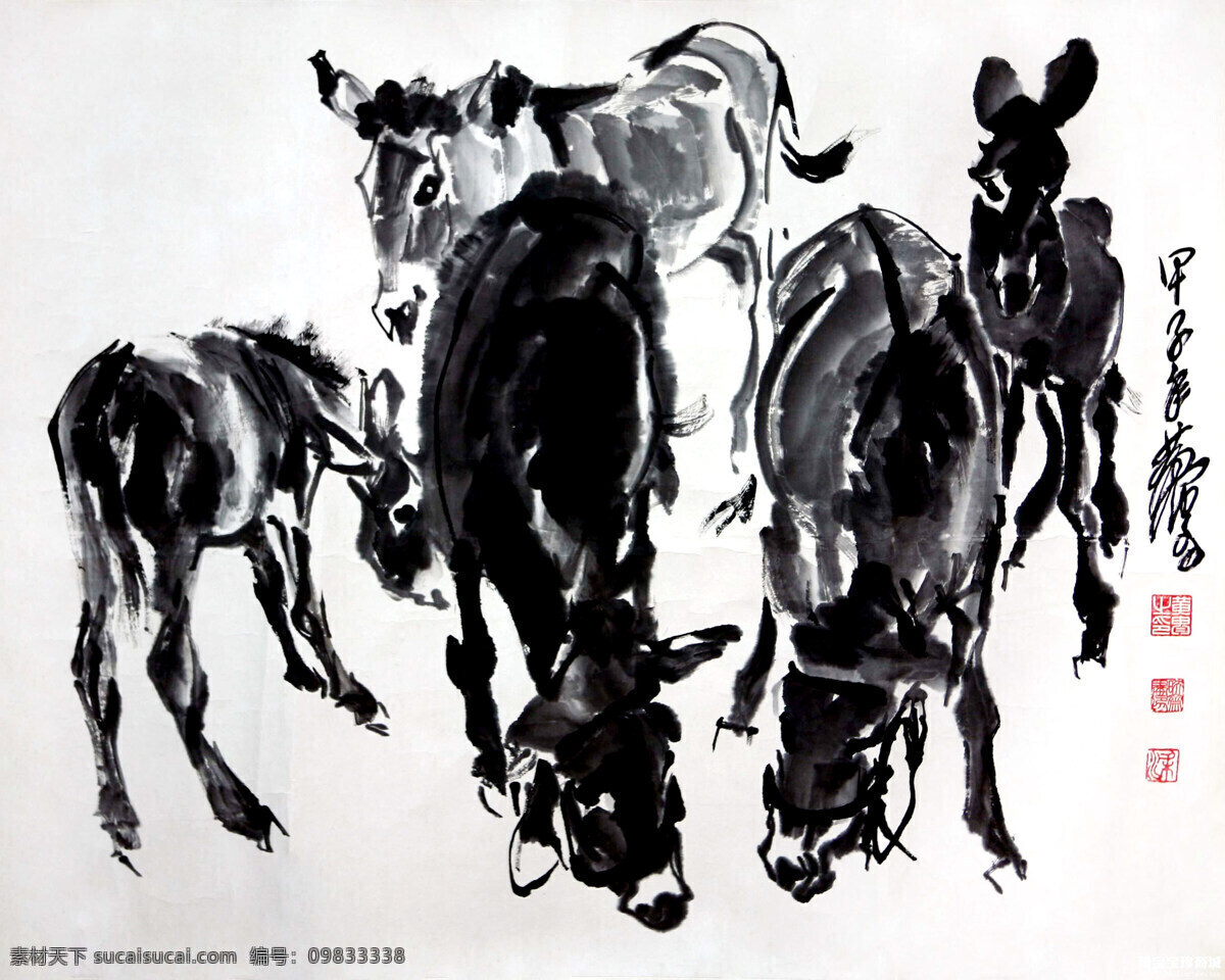 五驴图 绘画 中国画 彩墨画 动物画 驴 家驴 国画艺术 书法 印章 国画集32 绘画书法 文化艺术