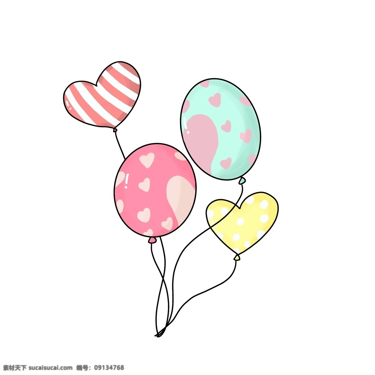可爱 彩色 爱心 气球 卡通 手绘 爱心气球 条纹 波点 红色 粉色 黄色 心形