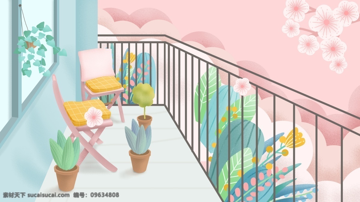 铁栏杆 阳台 上 风景 卡通 背景 椅子 盆栽 花朵 栏杆