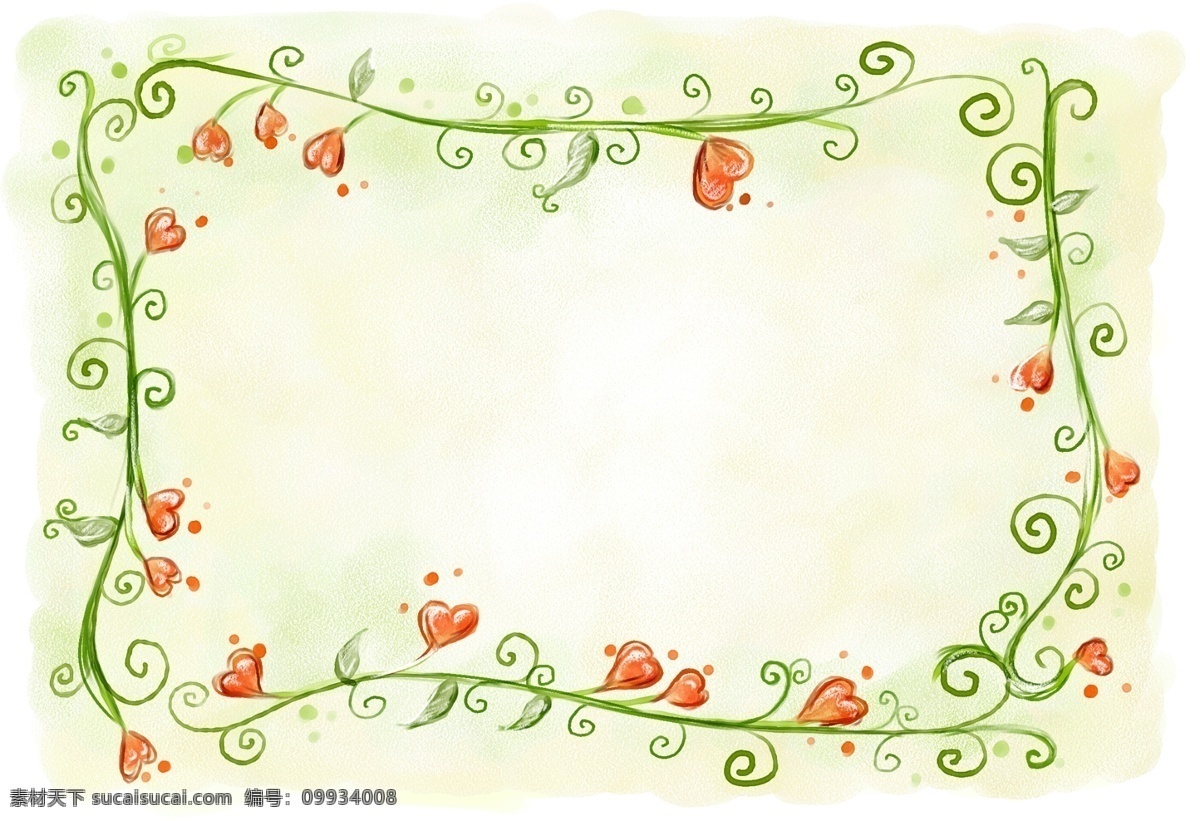 长 藤蔓 上 爱心 绿色 小清新 水彩 花边 边框 背景 底纹边框 花边花纹