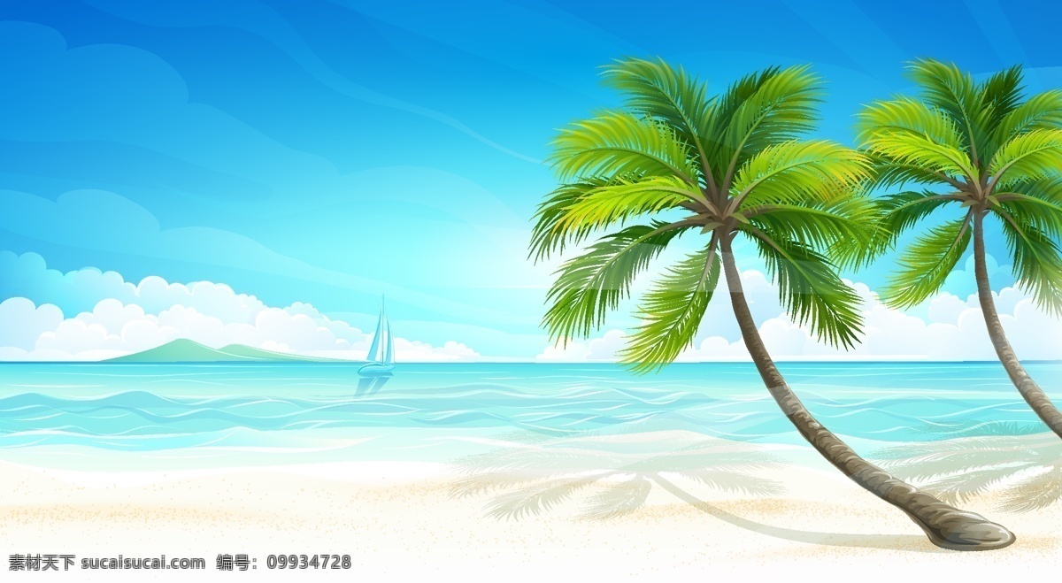 夏日海边椰树 沙滩 椰子树 风景漫画 海边 大海 海水 清澈见底 蓝天 白云 天空 度假海边 假日海边 夏日 夏天 夏日海边 海边风光 旅游 度假 假期 假日 自然风景 白色帆船 背景素材